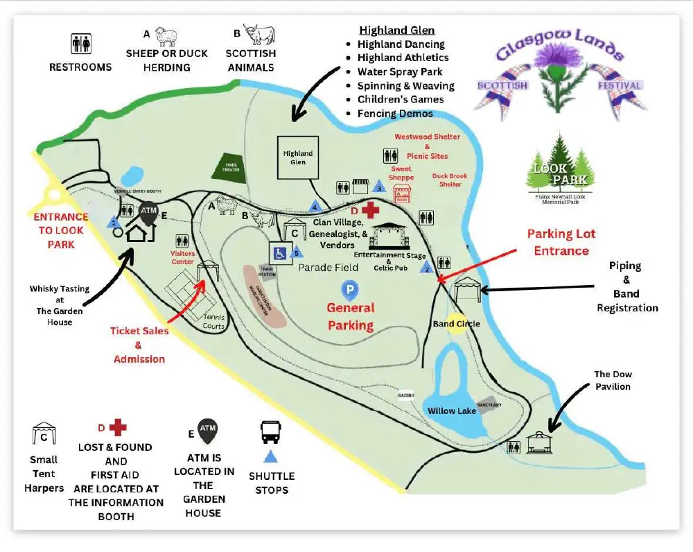 Glasgow Lands festival map of Look Park with parking, stages, competition areas and visitor facilities